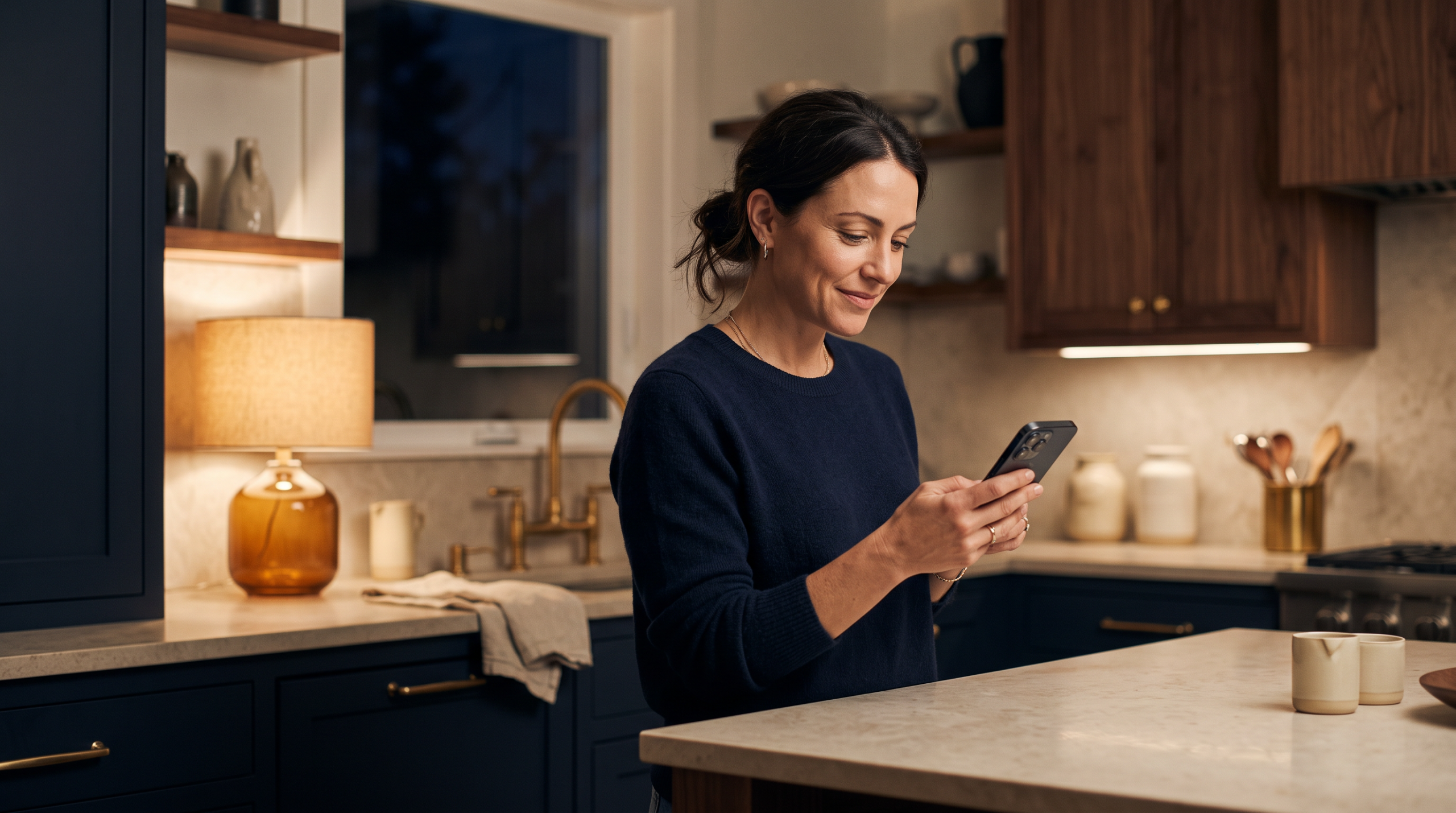 Homeowner using a smartphone late at night in a softly lit kitchen.