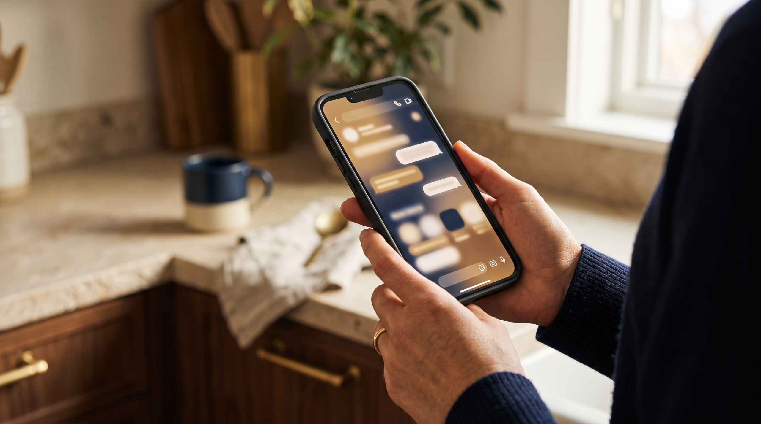 Homeowner in a warmly lit kitchen looking at a smartphone search interface.