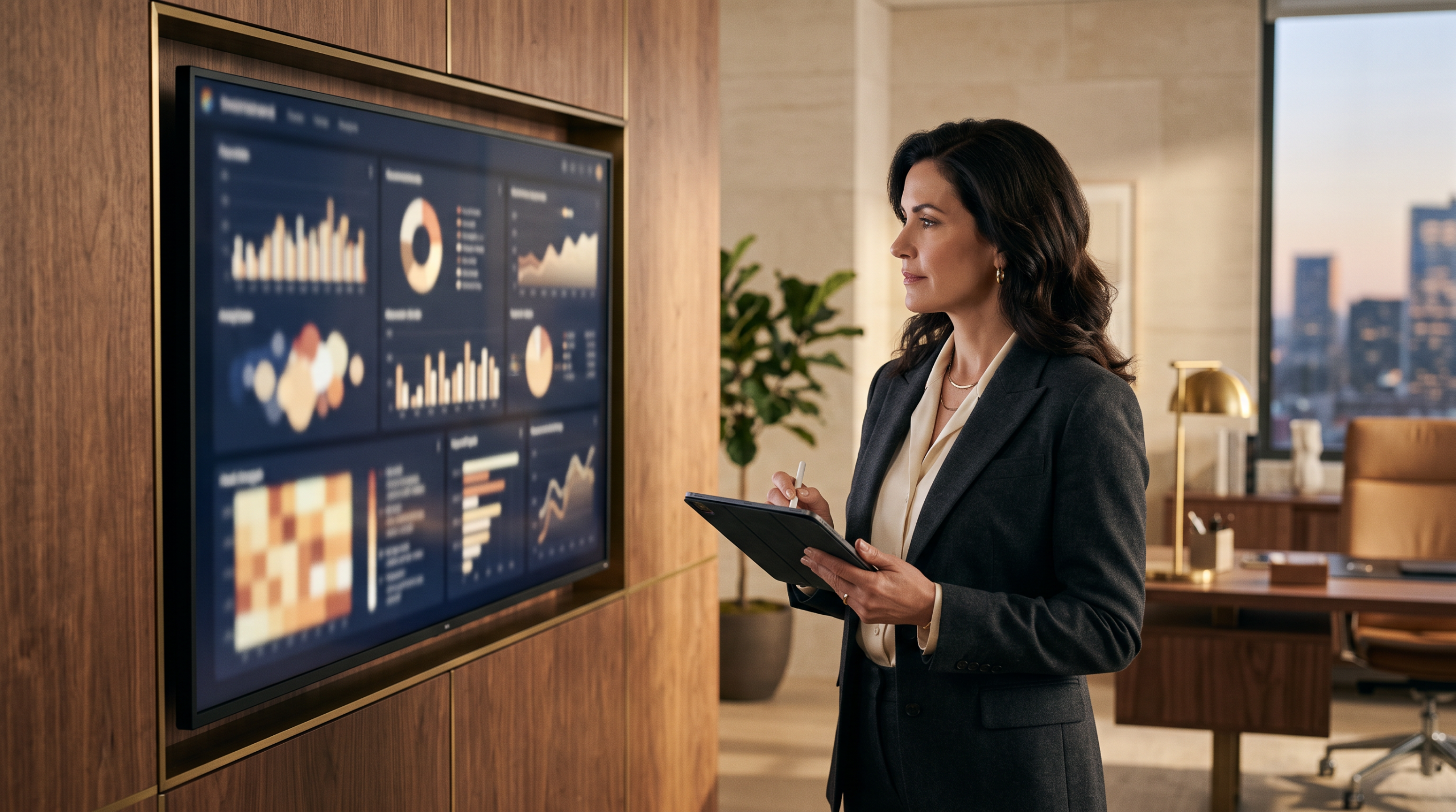 Executive reviewing a multi-panel analytics dashboard on a wall-mounted monitor.