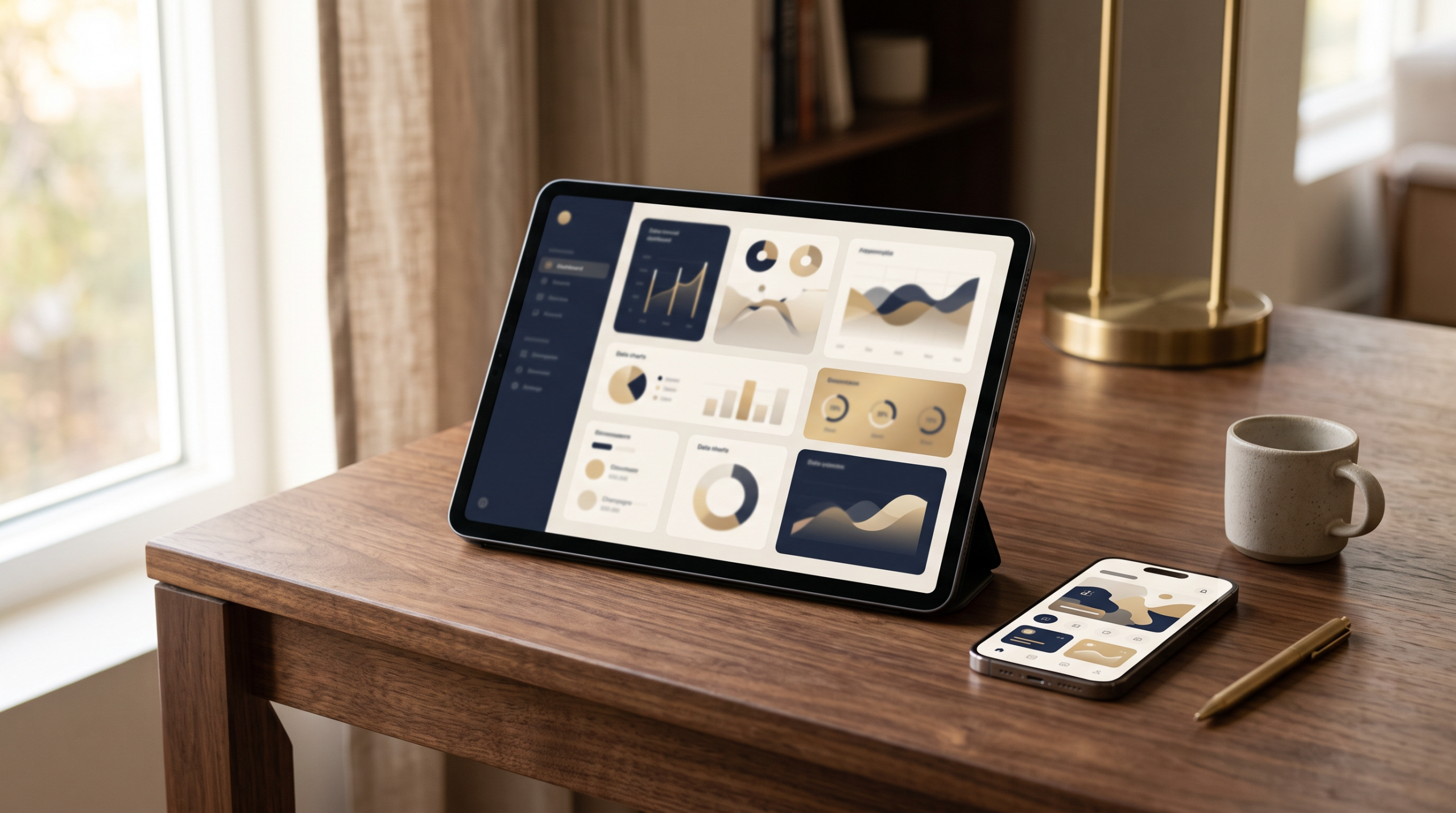Tablet and smartphone resting on a walnut desk showing abstract app interface graphics.