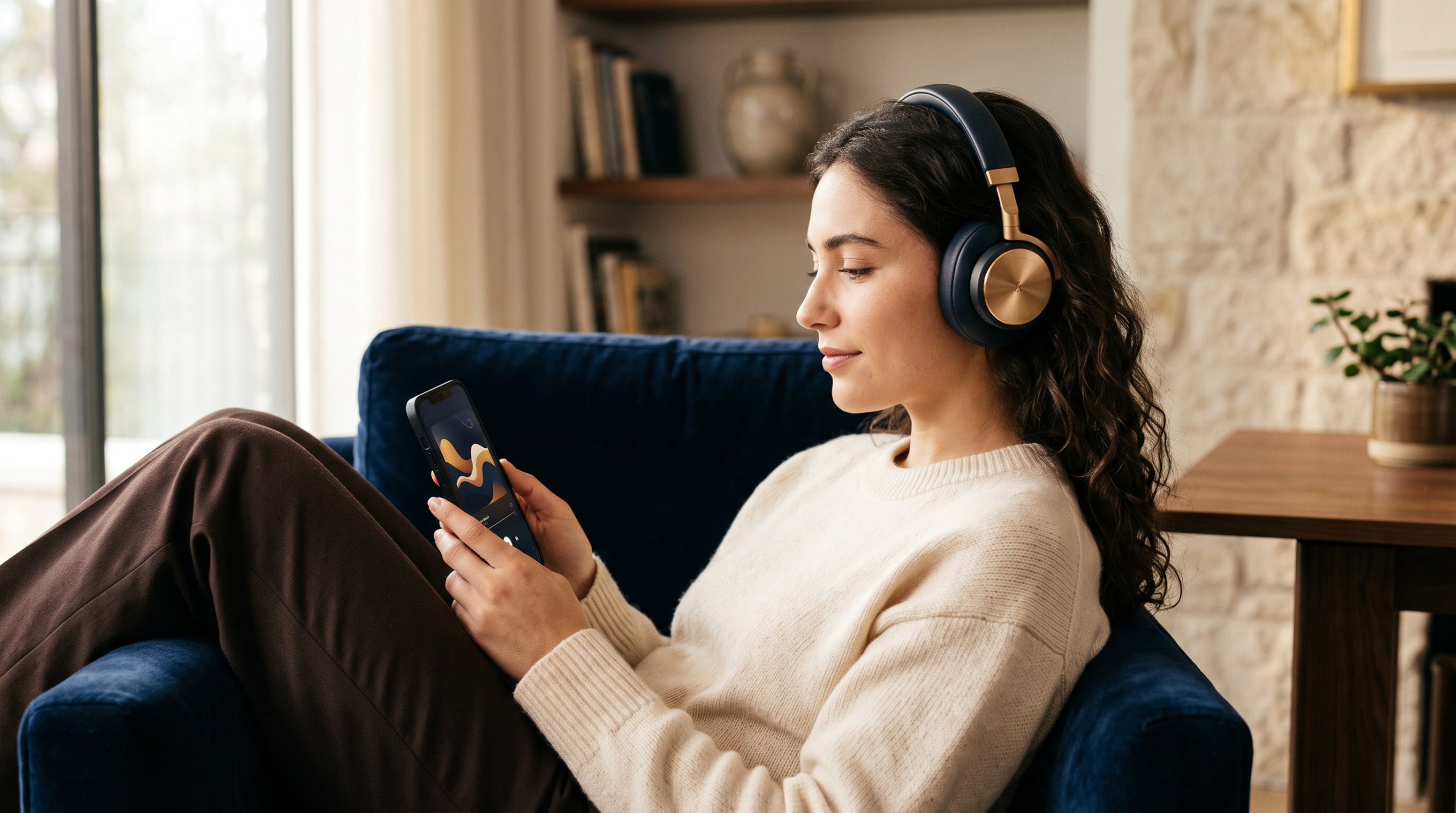 Person wearing headphones relaxed in a warmly lit room.