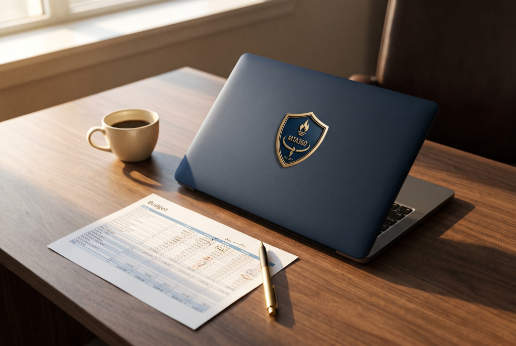 Executive desk with budget planning materials for HVAC marketing decisions.