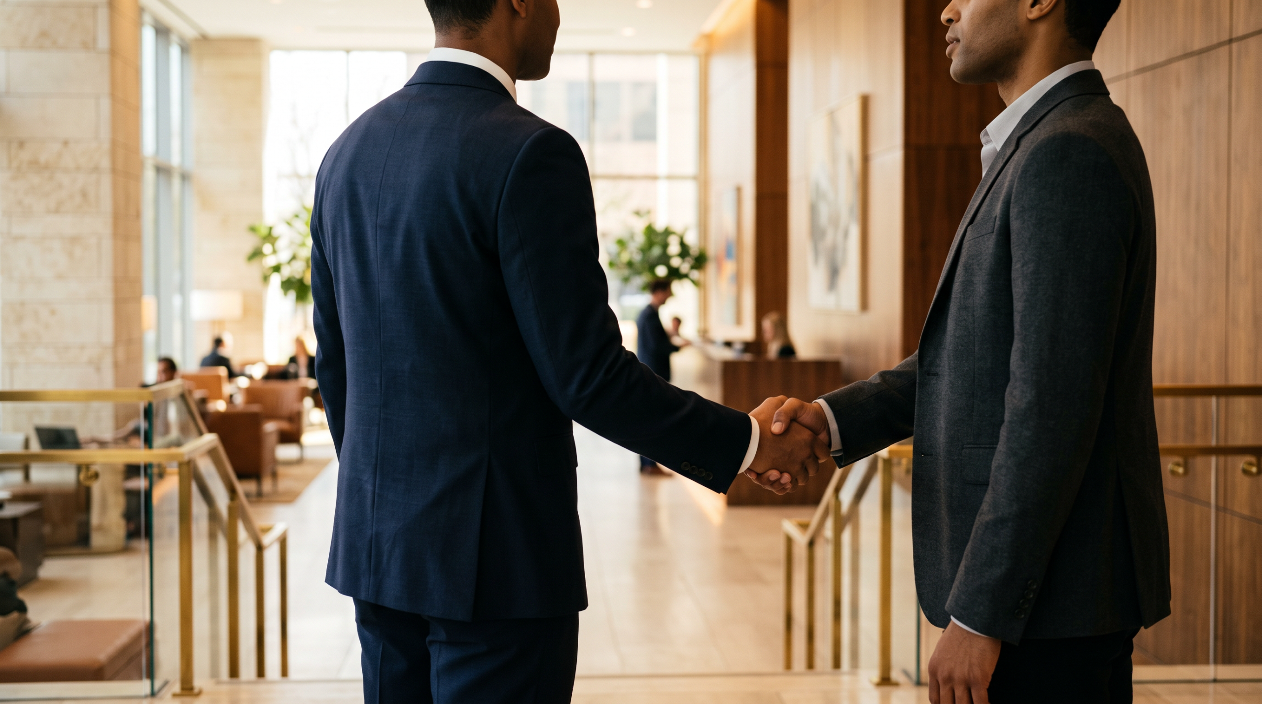Two business professionals shaking hands in a bright modern office lobby.