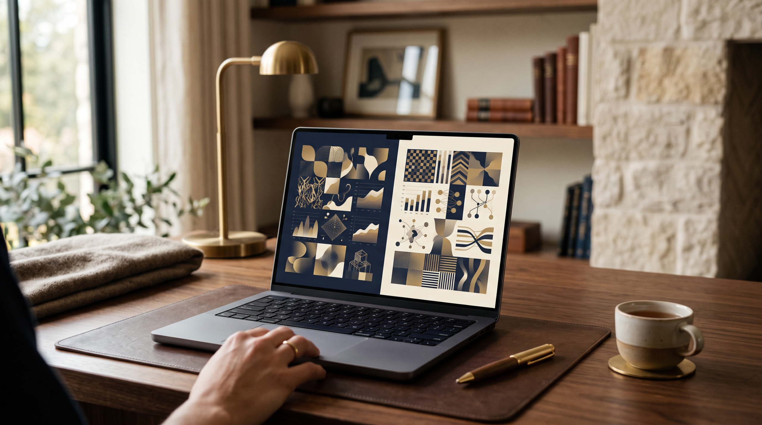 Desk with two open notebooks and a laptop showing side-by-side comparison graphics.