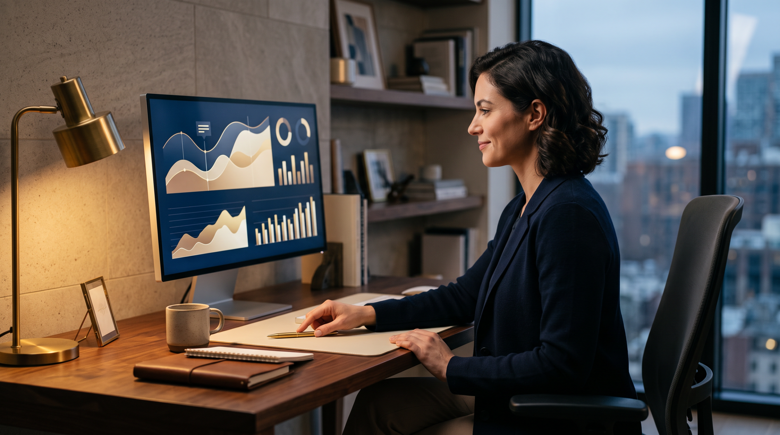 Marketing professional reviewing ad-campaign performance graphics at a desk.