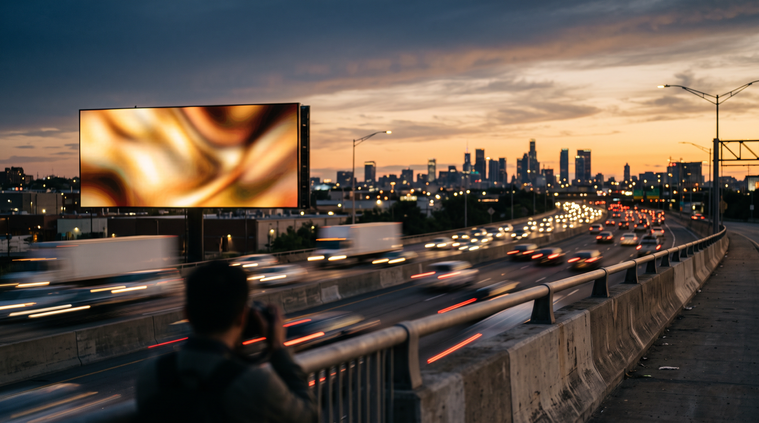Highway at dusk with a large digital billboard and blurred traffic.