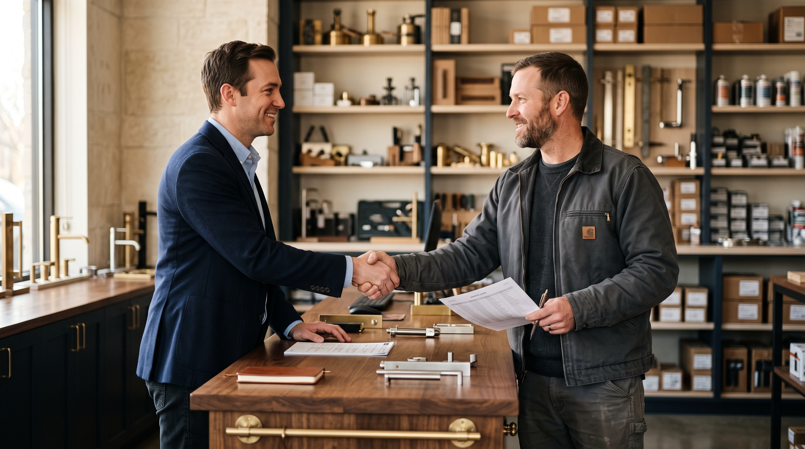 Distributor sales rep and contractor reviewing a parts order at a counter.