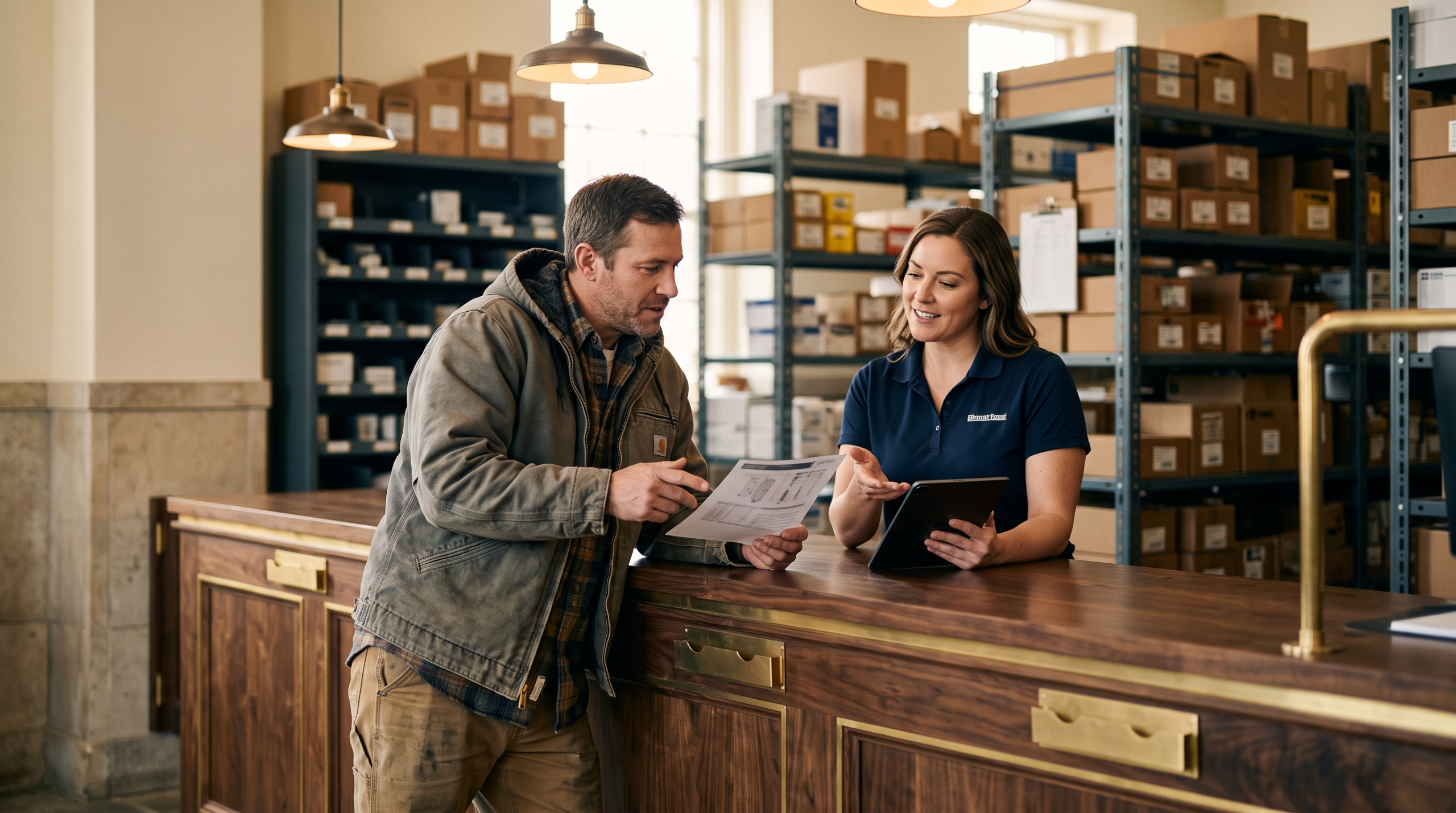Distributor's parts counter with a contractor and staff in conversation.