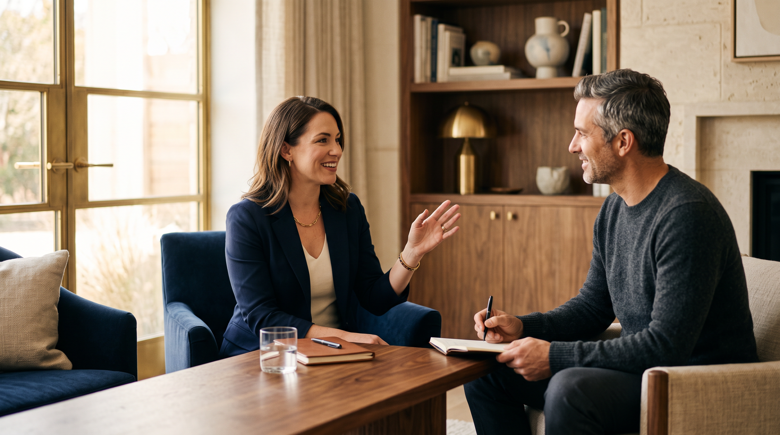 Two people in a warm consultation setting, one gesturing mid-explanation.