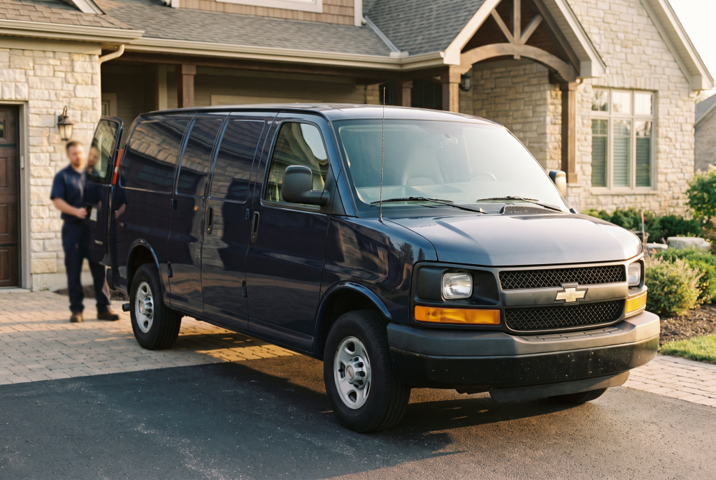 Service van in a residential driveway representing local service advertising visibility.