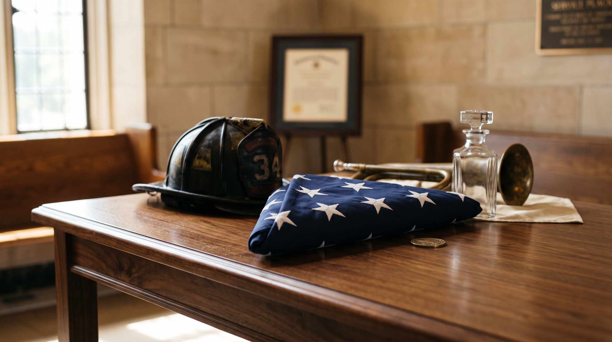 Symbolic tribute scene honoring veterans and first responders.