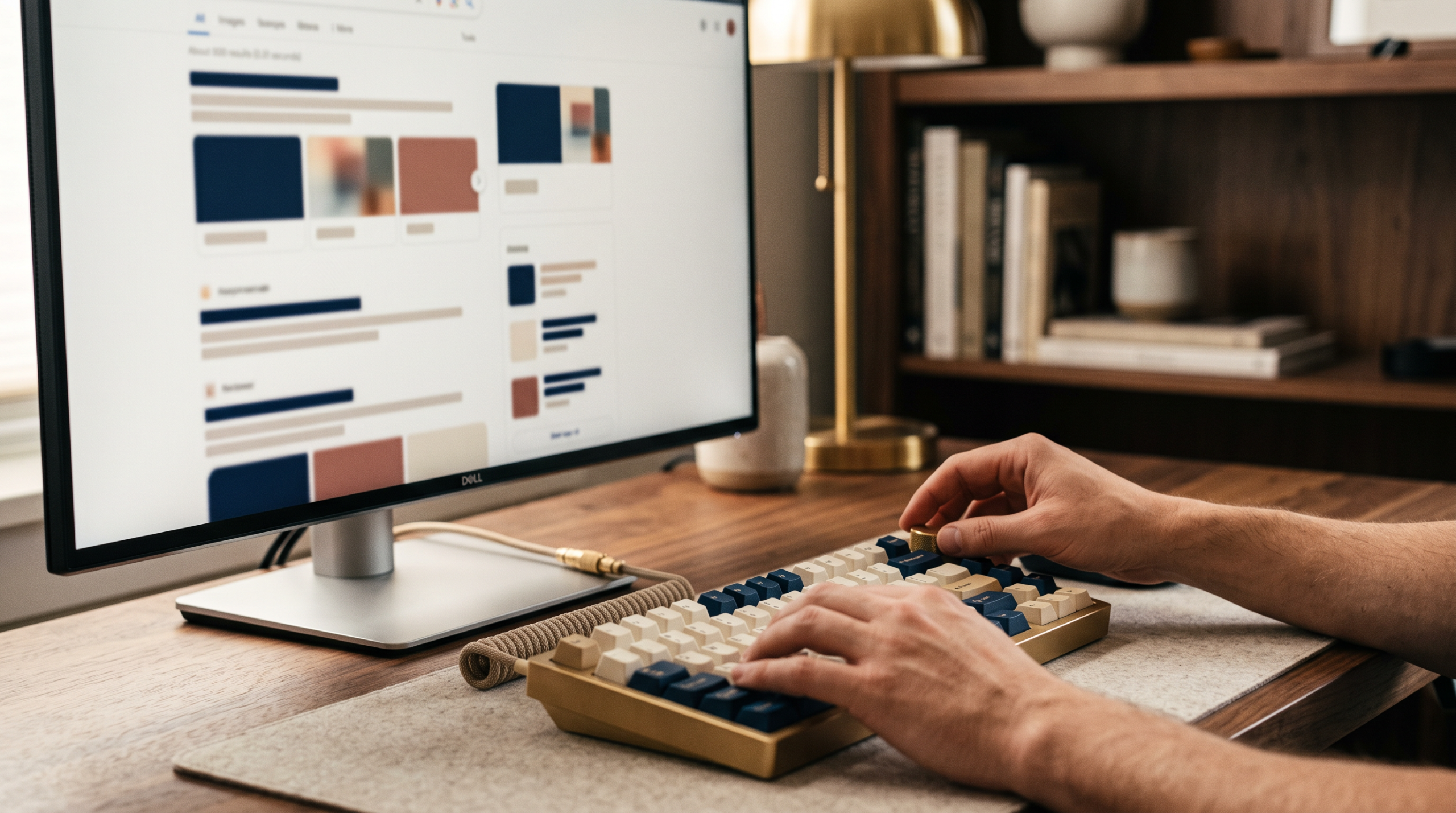 Close-up of hands on a keyboard with a search-results-page layout on the monitor.