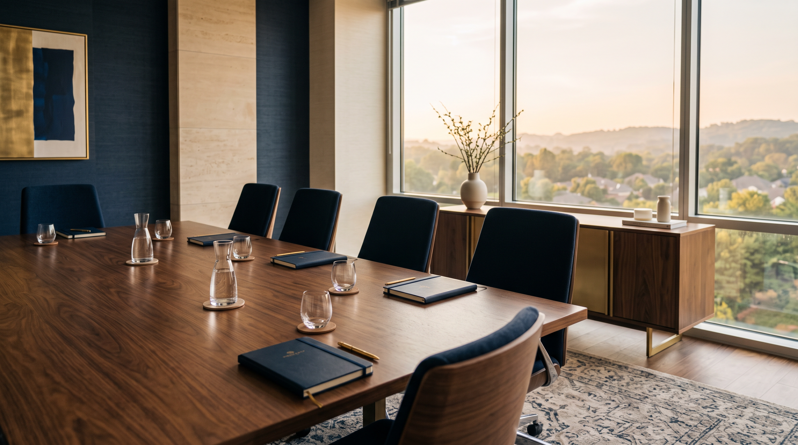 Empty executive conference room with a walnut table and warm morning light through large windows.