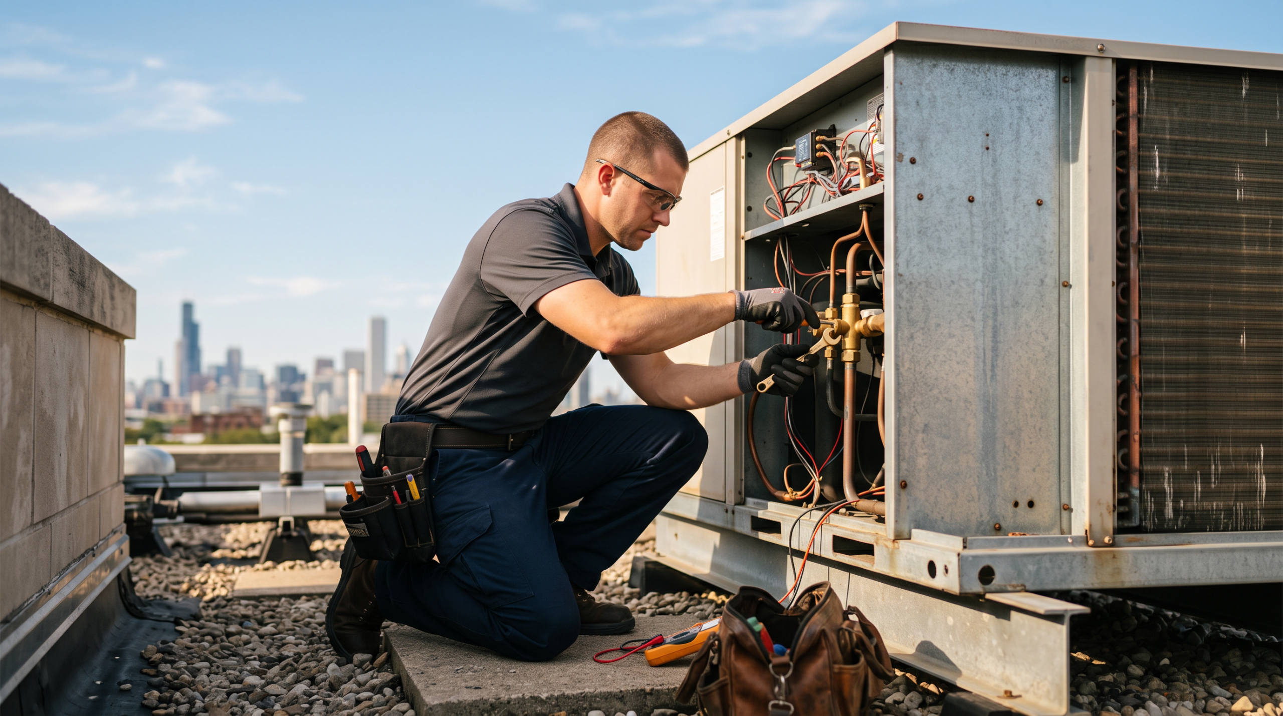 HVAC technician servicing a rooftop condensing unit under a clear sky.