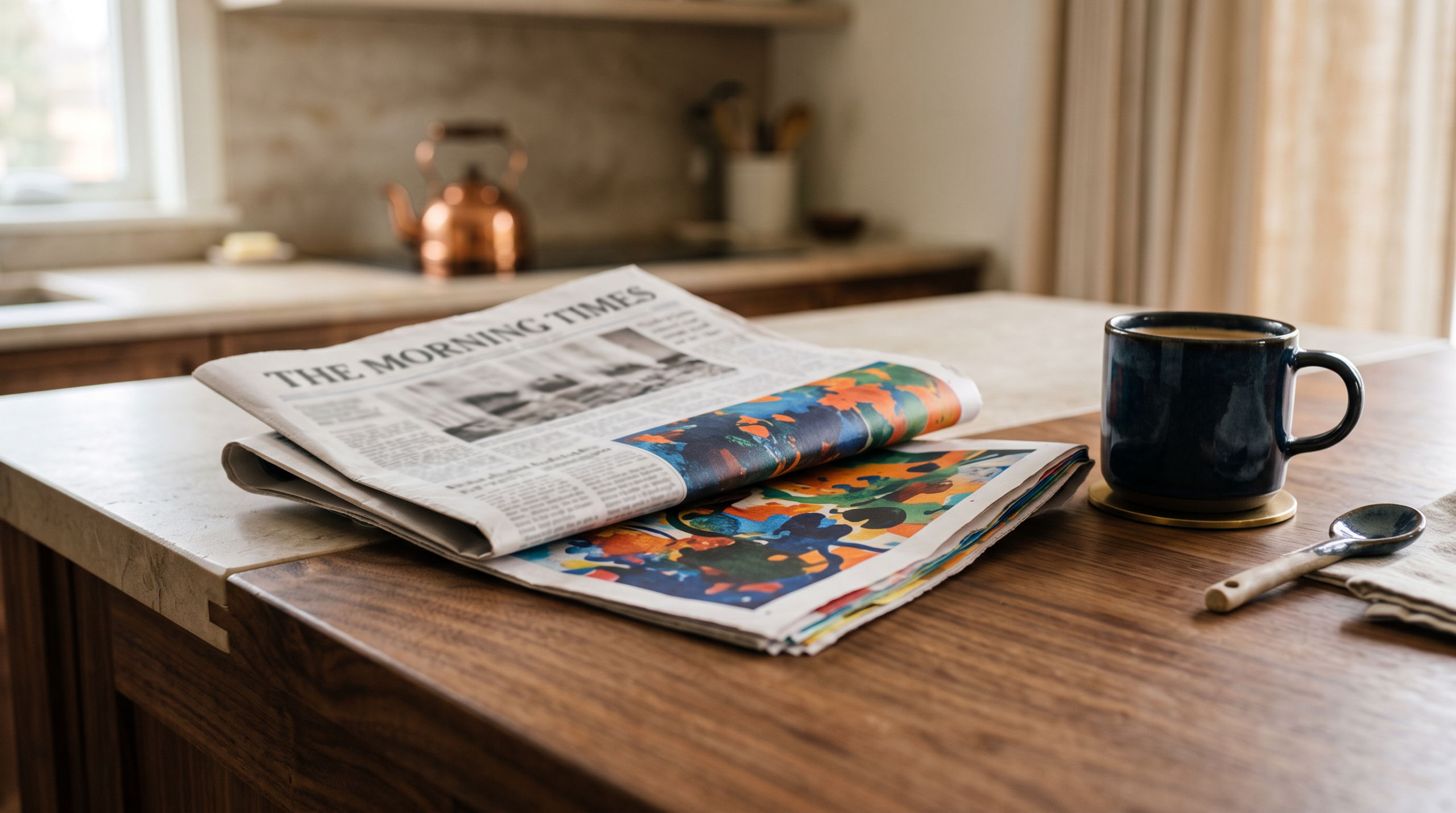 Folded newspaper on a kitchen table with a colorful print insert.