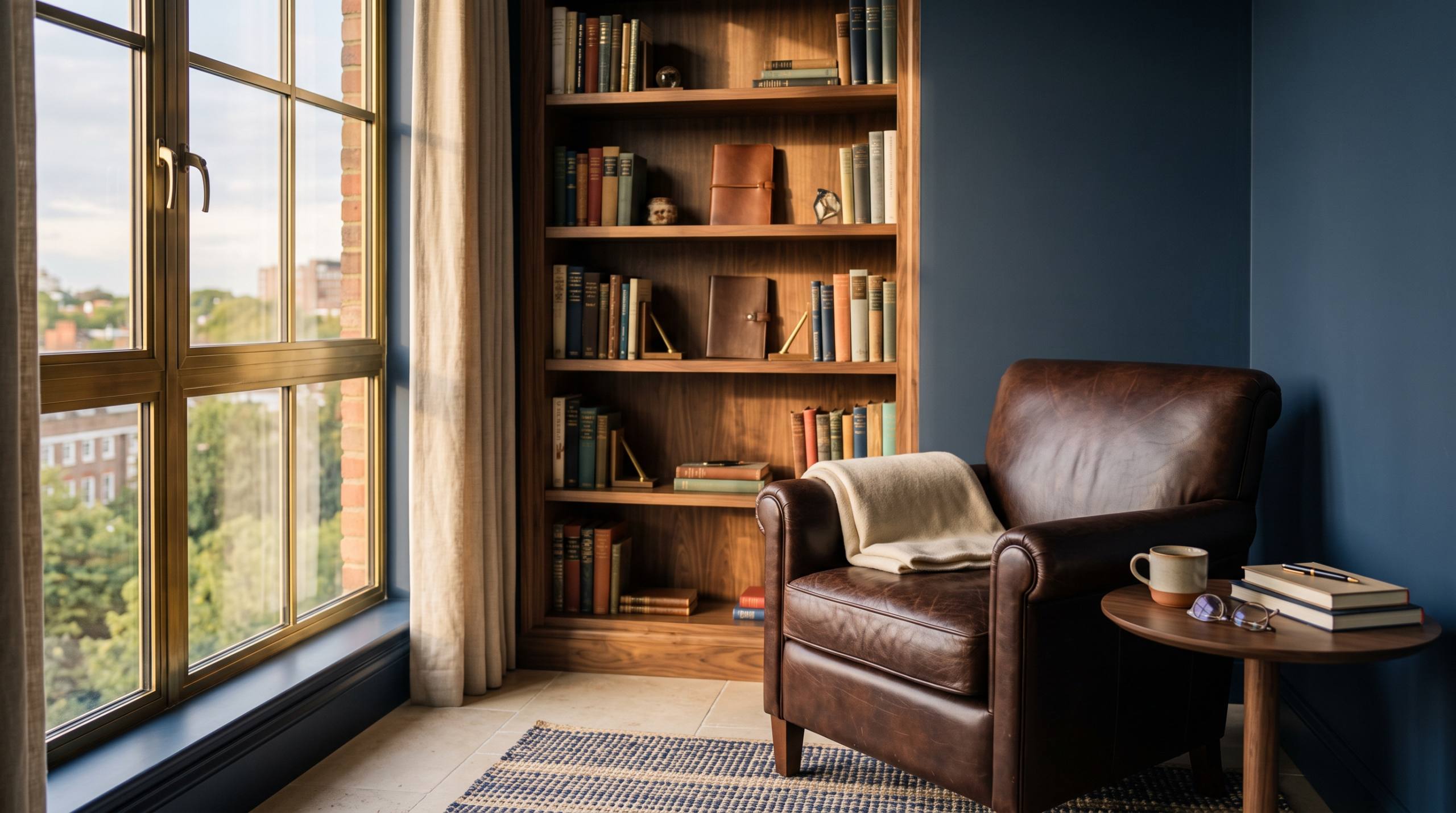 Quiet executive office corner with a walnut bookshelf and warm afternoon light.