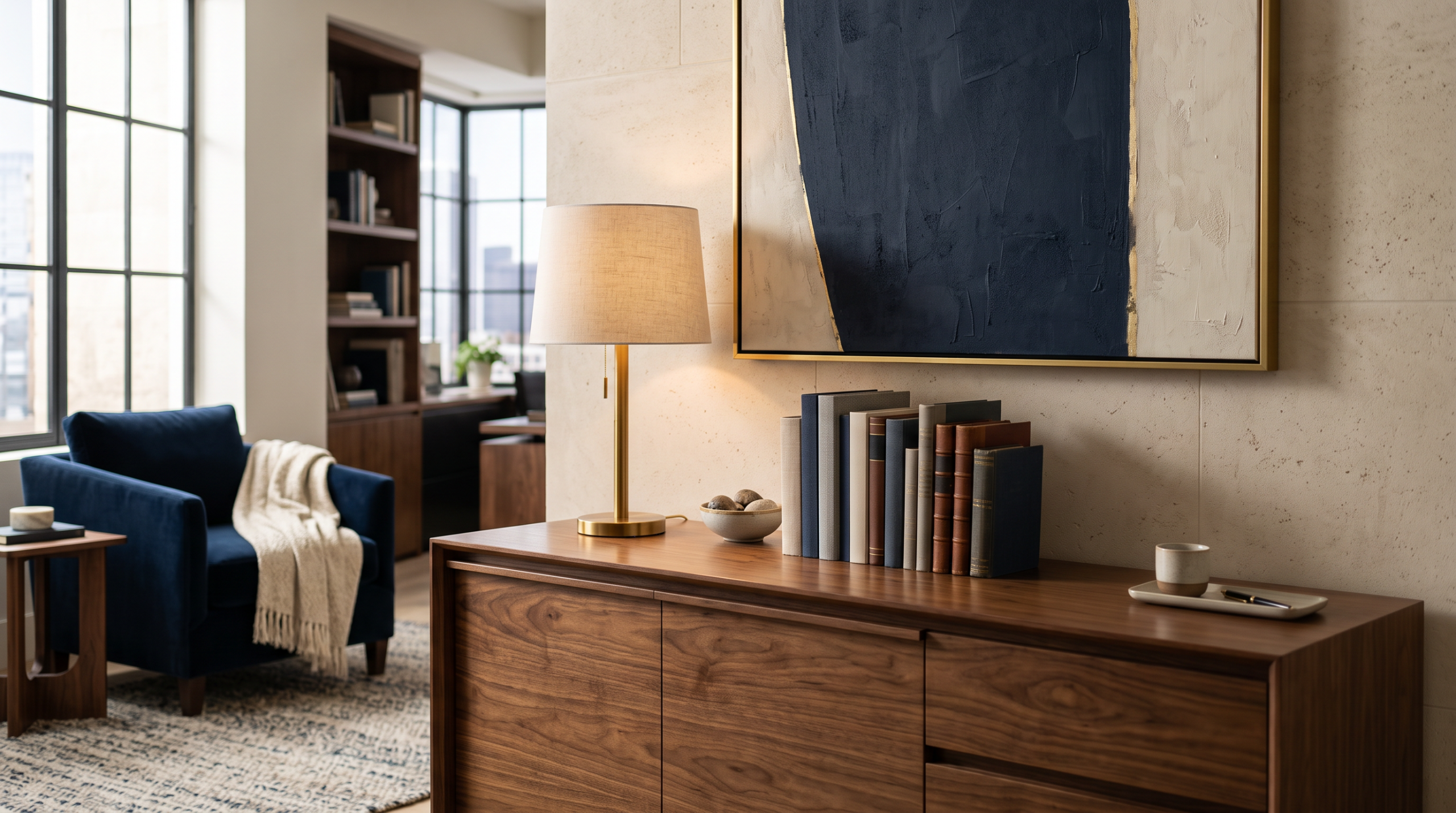 Refined executive office nook with a walnut credenza and brass reading lamp.