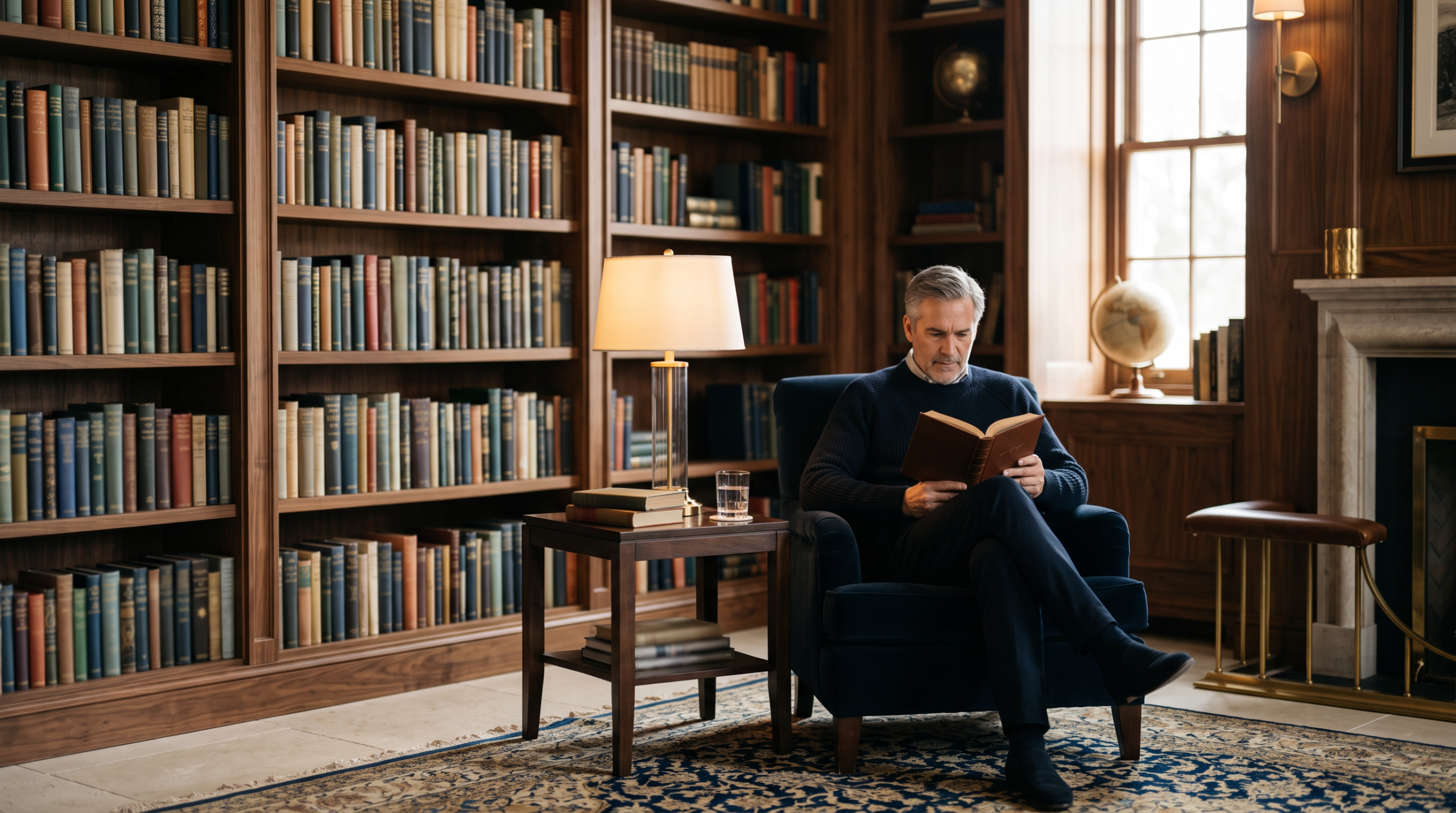 Elegant executive study with walnut bookshelves and a reading chair.