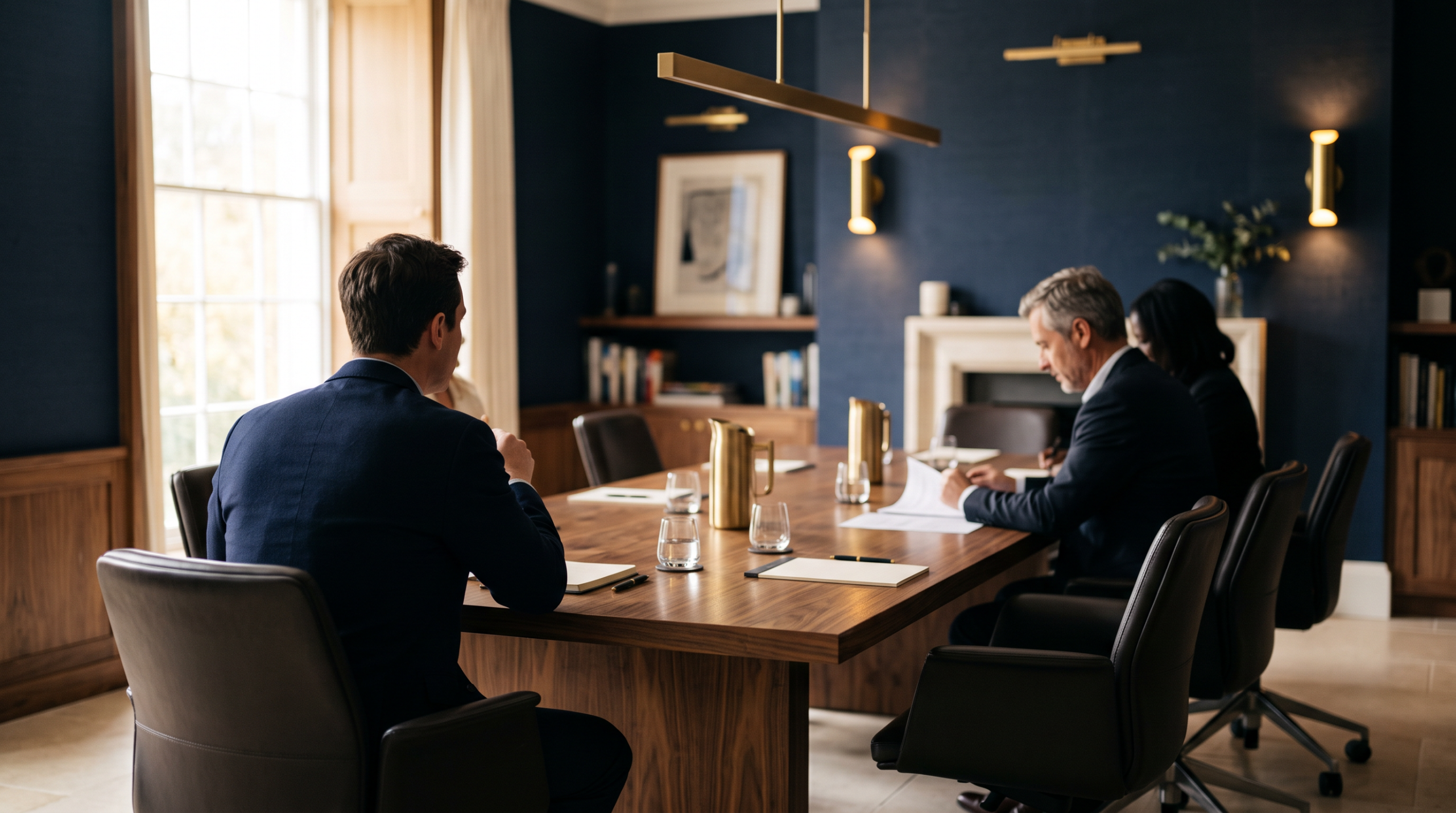 Executive boardroom scene with natural light and non-identifiable leadership figures.
