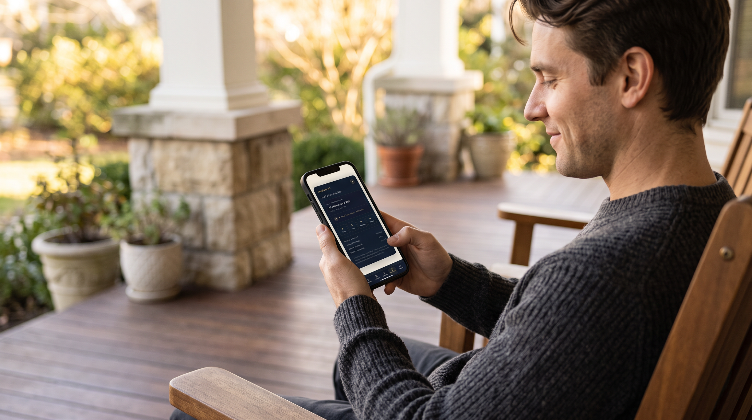 Homeowner using a smartphone app on their porch in warm daylight.
