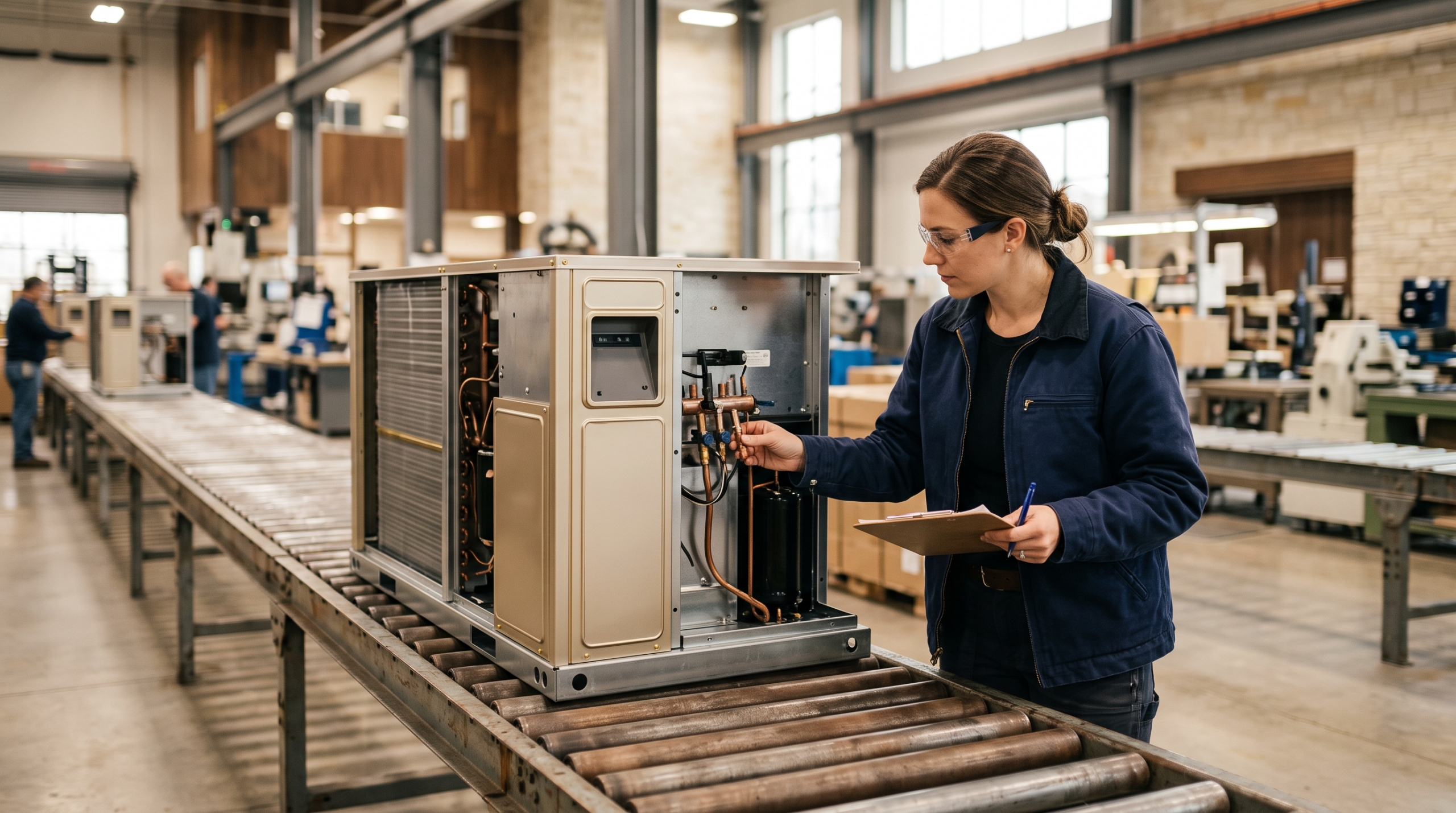 Manufacturing engineer inspecting a finished HVAC unit on a production line.