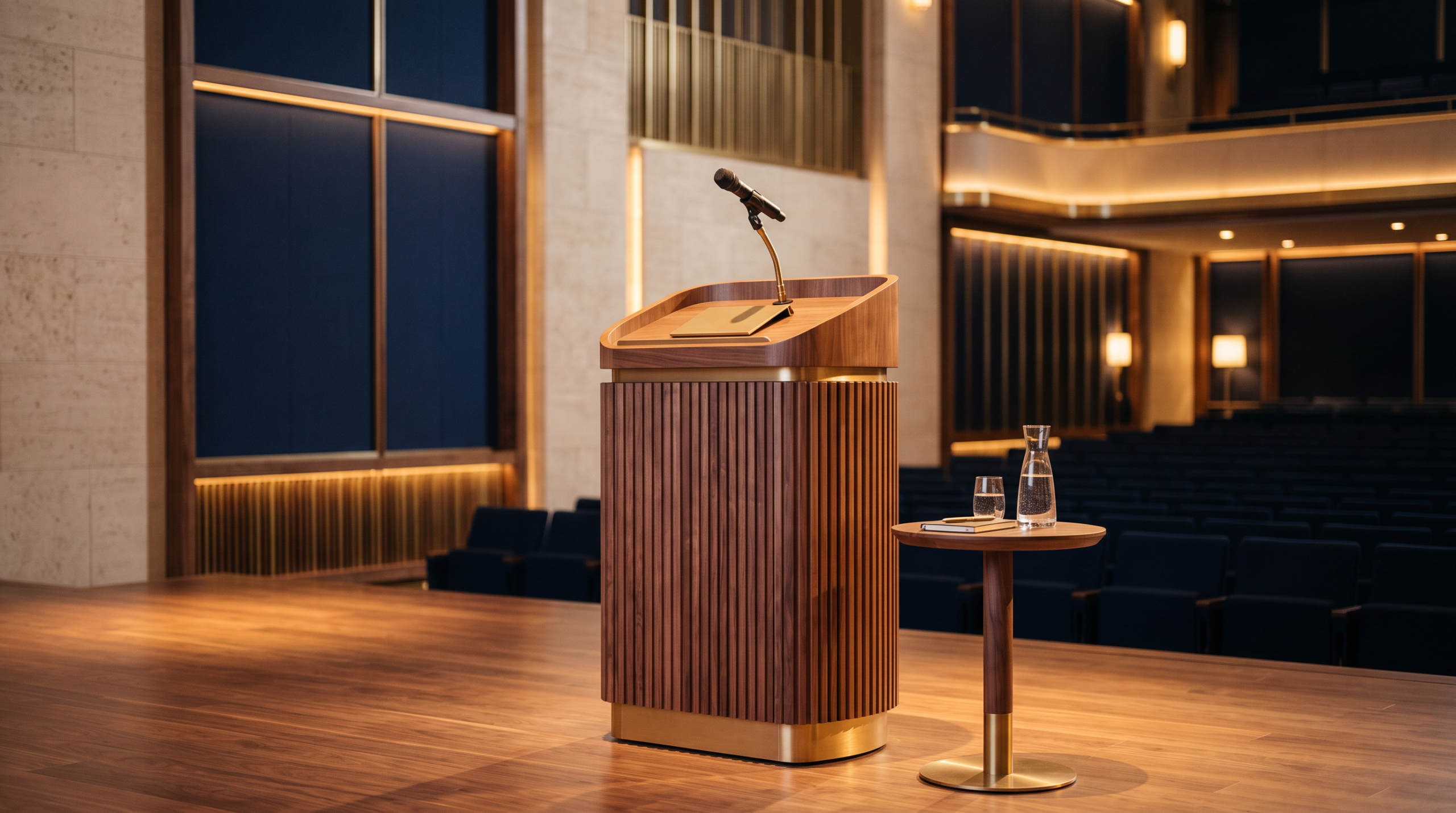 Professional podcast recording studio with a podium and soft stage lighting.