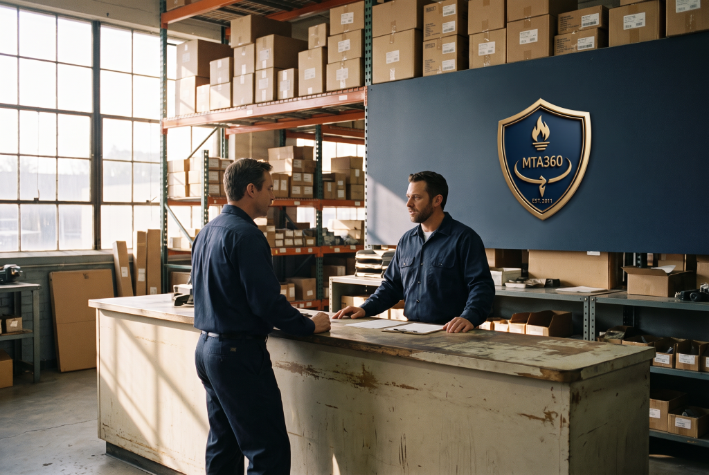 Manufacturer representative and contractor discussing dealer-network growth at a parts counter.