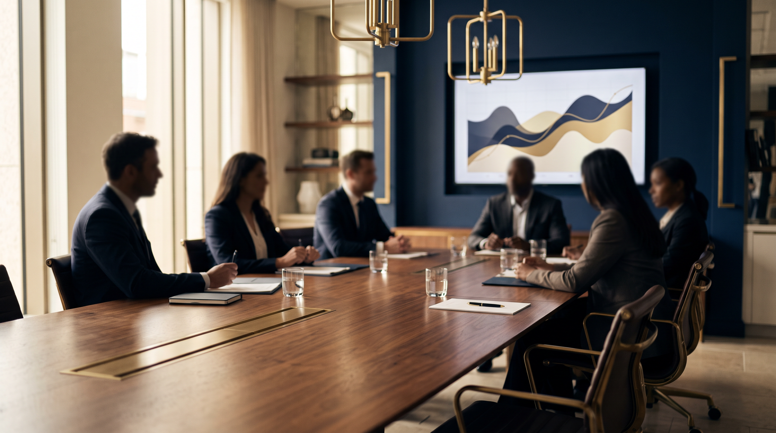 Boardroom mid-review with professionals around a long walnut table and a wall-mounted chart display.