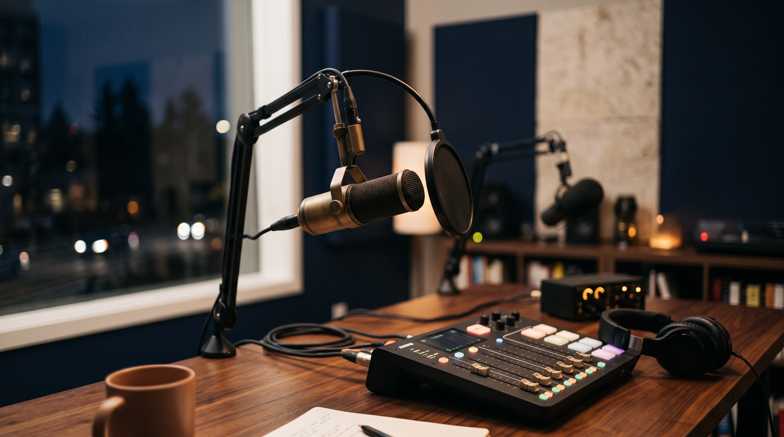 Warm radio booth with an on-air microphone.