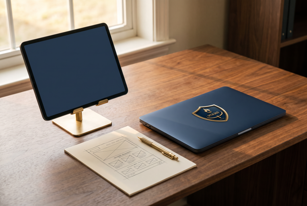 Website redesign planning desk with device mockups and wireframe materials.