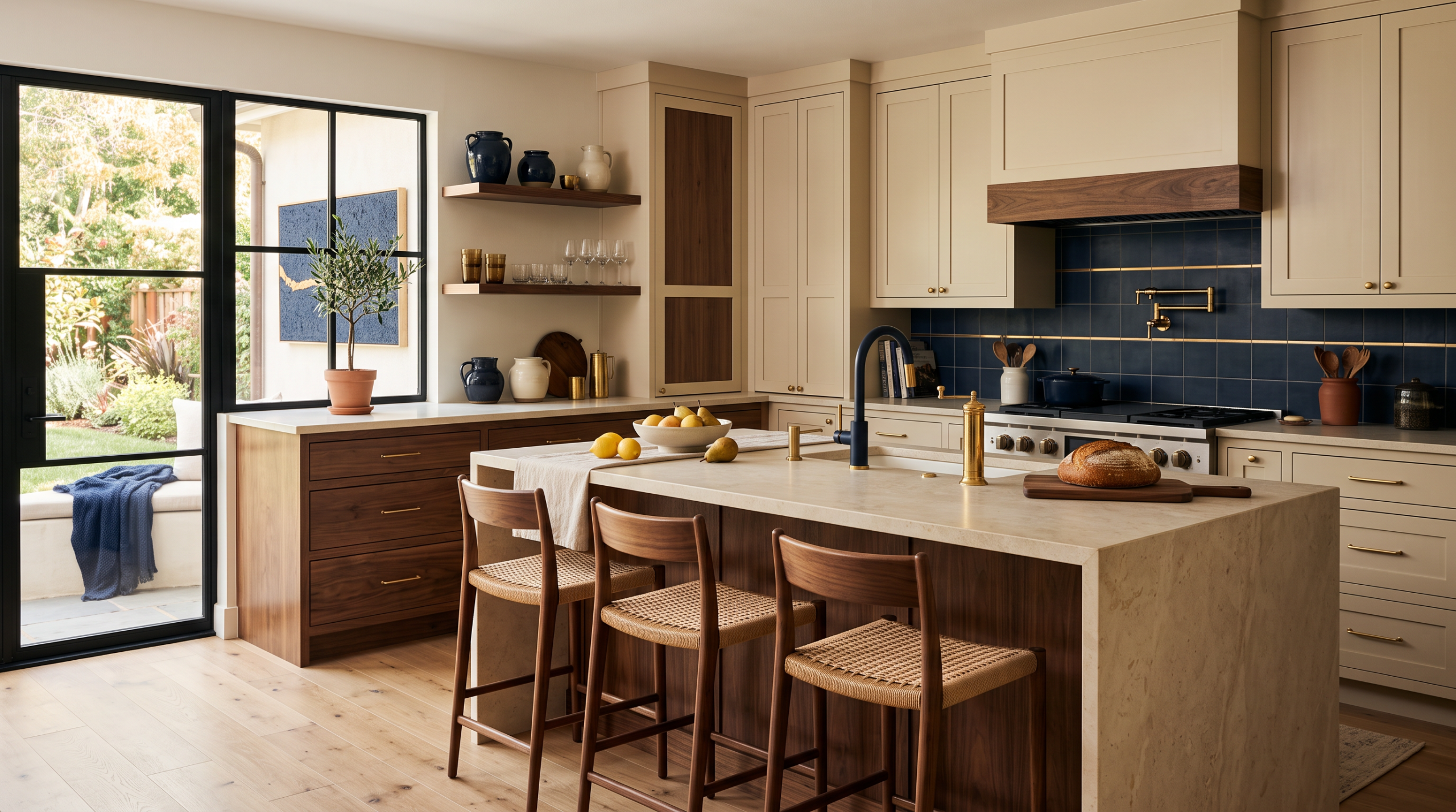 Finished modern kitchen remodel with champagne-ivory cabinetry and walnut accents.