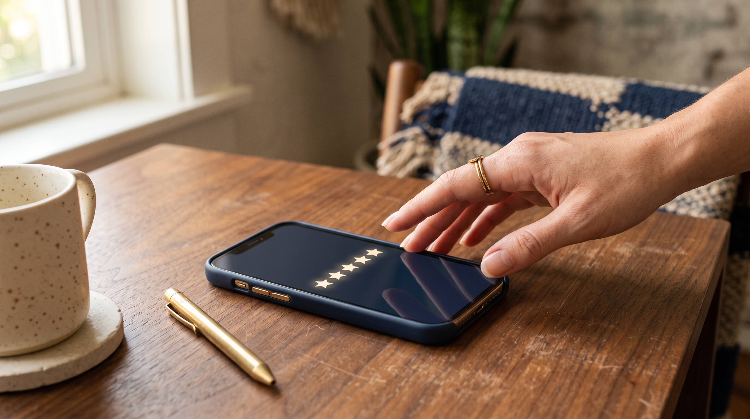 Smartphone on a desk showing a five-star rating graphic, warm natural light.