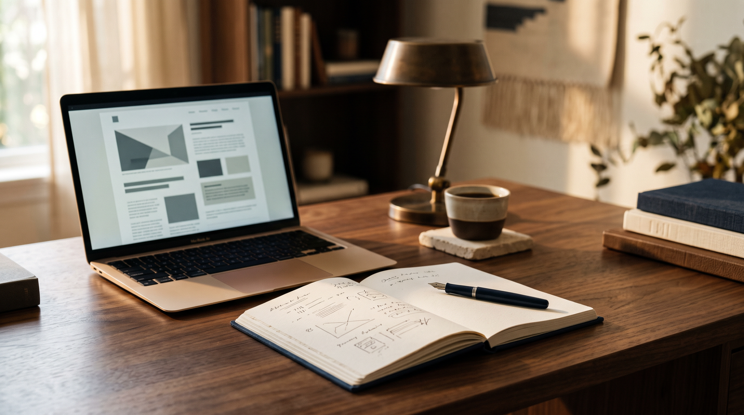 Desk with an open notebook and a laptop showing an article layout, warm afternoon light.