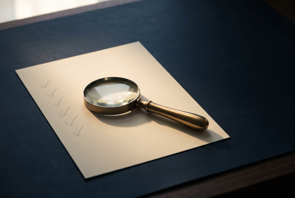 Checklist and magnifying glass representing careful review of common SEO issues.