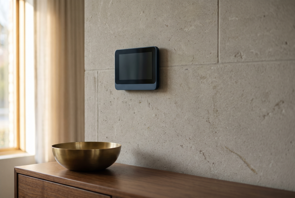 Smart thermostat in a refined residential interior representing home-service technology trends.
