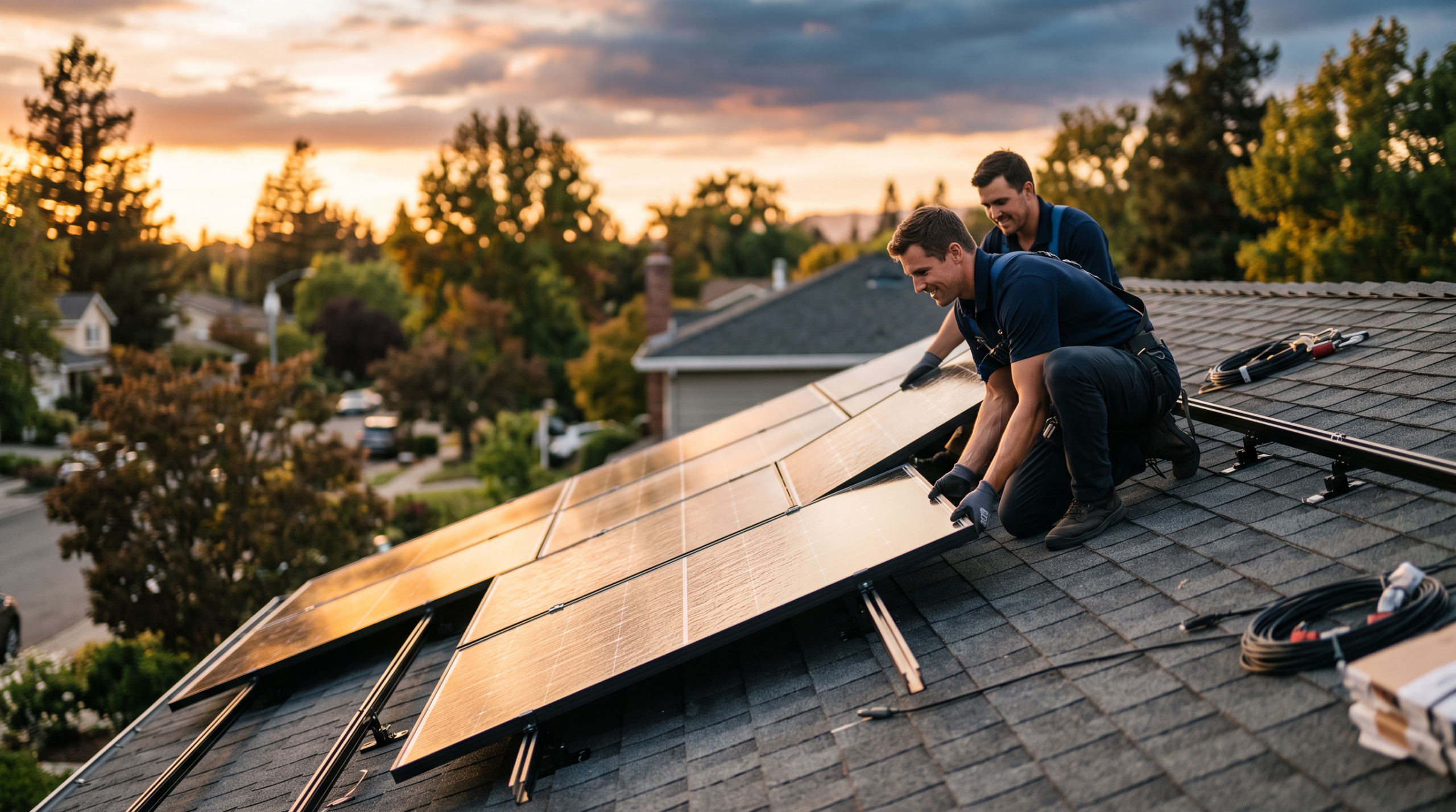 Solar panel installers working on a residential rooftop at golden hour.