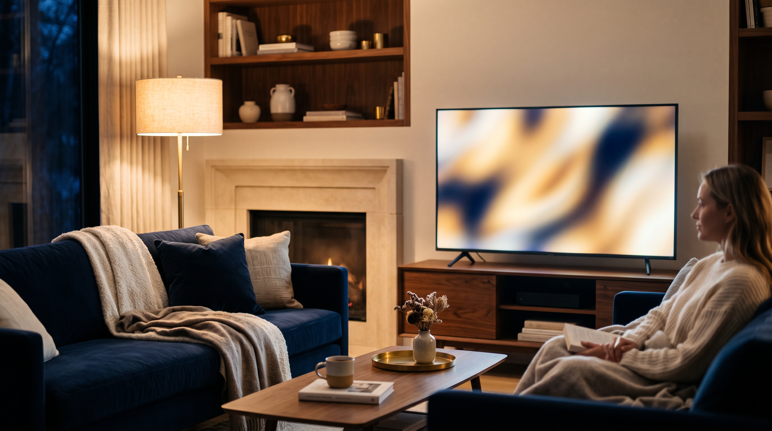 Cozy living room in the evening with a large TV screen.