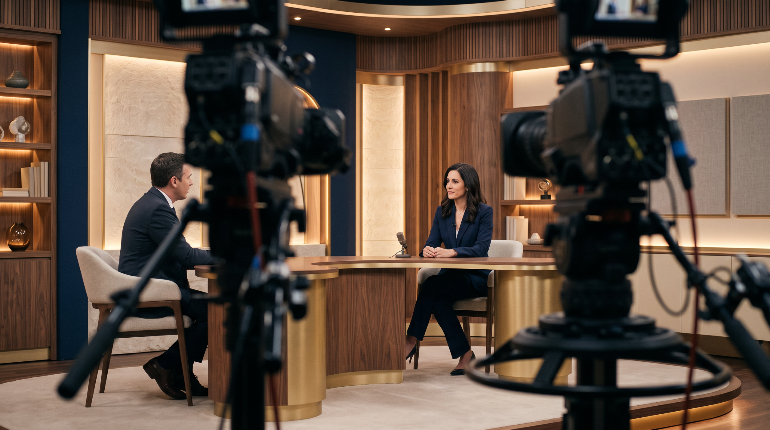 Television broadcast studio set with warm practical lighting and camera equipment.