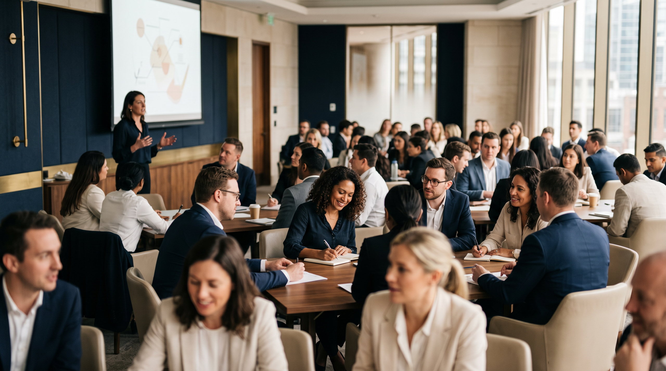 Modern training room mid-session with a large group of engaged trainees.