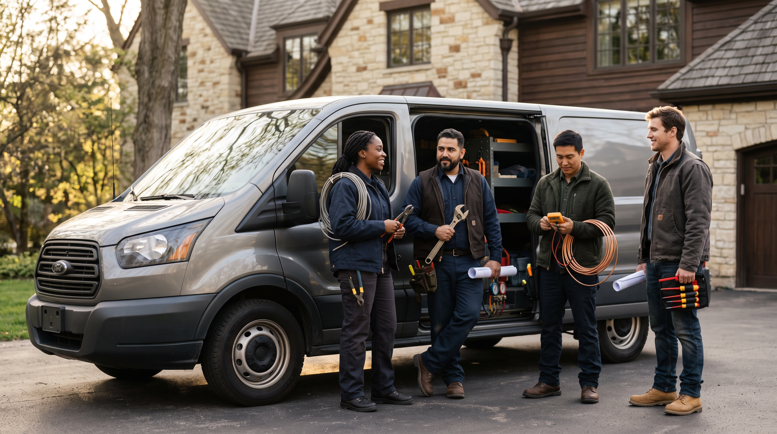 Home-service field crew gathered beside a service van in a residential driveway.