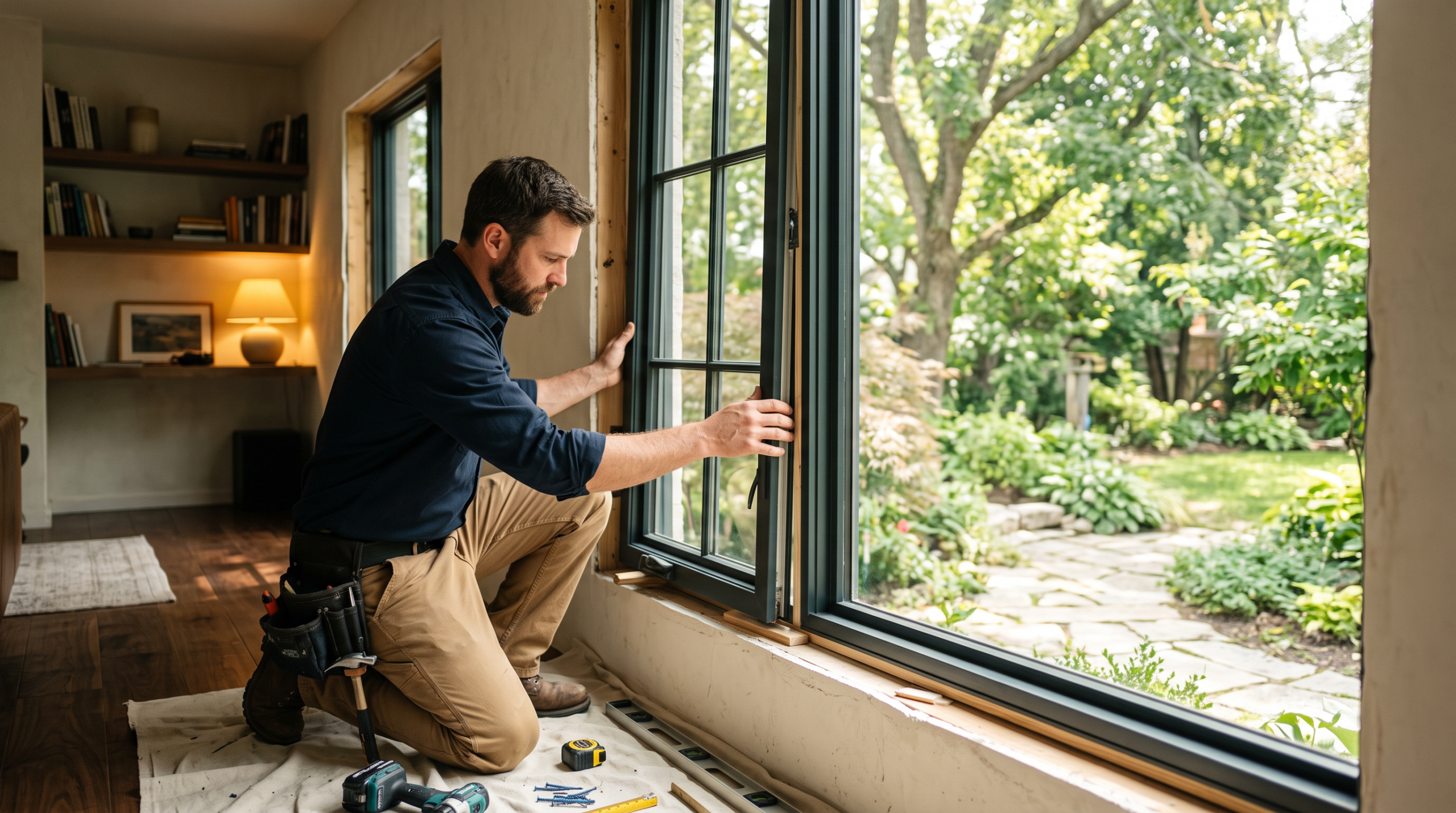 Installer fitting a new energy-efficient window into a residential wall opening.