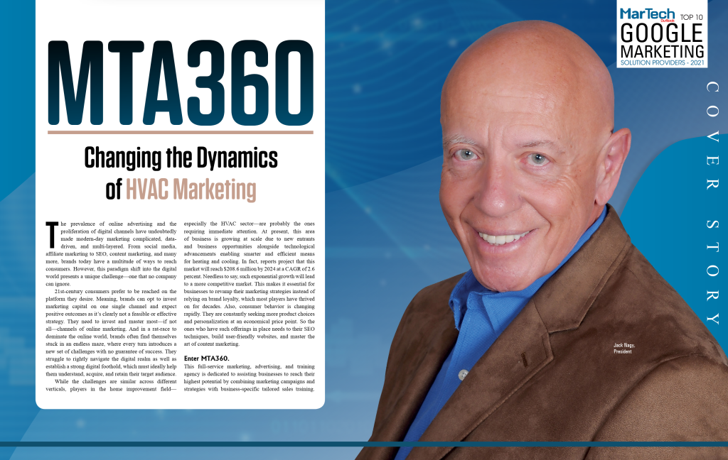 Open business magazine spread with navy and gold marketing analytics and HVAC dashboard graphics on an office desk, representing MTA360's MarTech Outlook feature